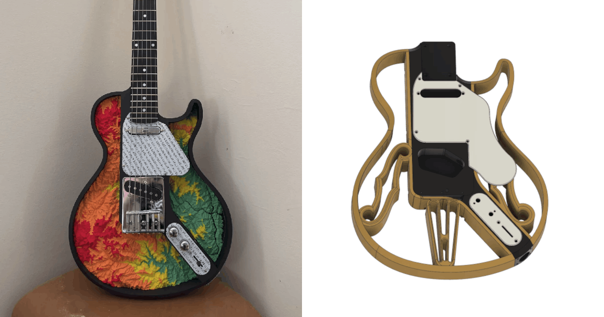 
    A la izquierda una fotografía de una modificación de la Les Paul, que en lugar del espiral, presenta la topografía
    del Himalaya, el perfil de la guitarra es negro como el mastil mientras que el golpeador es blanco, el relieve de la
    topografía está además en un gradiente de color donde se muestra en rojo las zonas mas altas pasando por naranja y
    amarillo hasta el verde para las zonas mas bajas. A la derecha el diseño 3D de una modificación de la misma Les Paul
    que en lugar de la espiral del diseño original tiene detalles que recuerdan al cuerpo de un violín o una guitarra
    de jazz, el cuerpo está en color dorado e incluye un golpeador especial que también recuerda a ese estilo jazz de
    color blanco.
