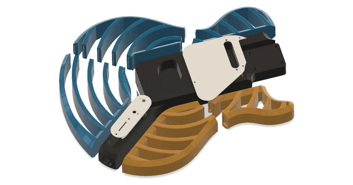
    Esquema 3D de las piezas de una guitarra eléctrica Modulcaster inspirada en la Les Paul, con un núcleo negro y
    piezas modulares en azul, el cuerpo es parcialmente hueco a excepción de un espiral que soporta el perímetro de
    la característica forma de la Les Paul
