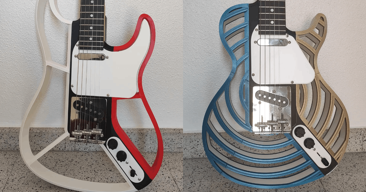 
    Fotografías de las guitarras ya impresas en 3D sobre el suelo apoyadas en vertical sobre una pared blanca, a la
    izquierda la Stratocaster y a la derecha la Les Paul, ambas con el mismo esquema de colores que en los diseños
    originales, tienen el mastil y las perillas color negro y el golpeador de color blanco
